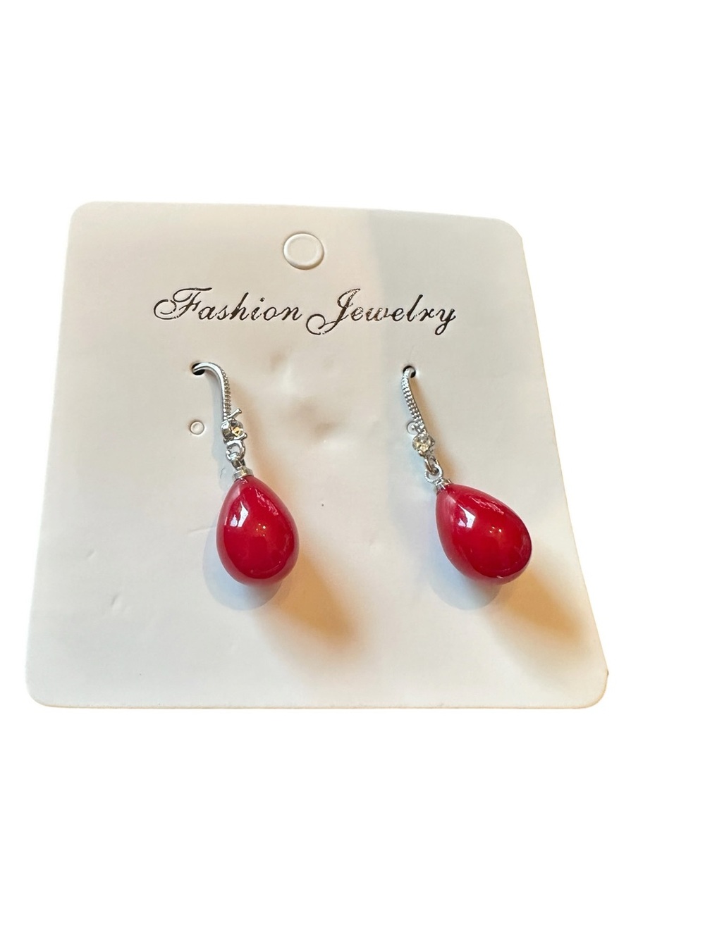 Silver and Red Teardrop Bead Drop Earrings